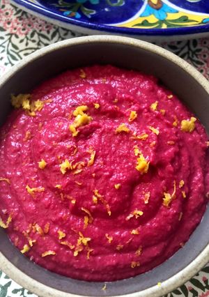 A picture of Beetroot and white bean dip - vegan.