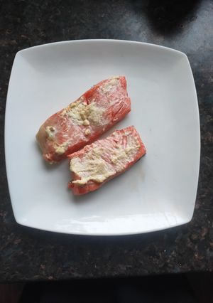 A picture of Simple Baked Salmon Topped with Cream Cheese.