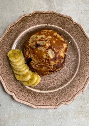 A picture of 10 min Breakfast | Banana chocolate chip quick pancake batter.