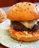 Blended Shiitake-Beef Burger with Spicy Thousand Island and Kimchi Slaw (and Frizzled Onions)