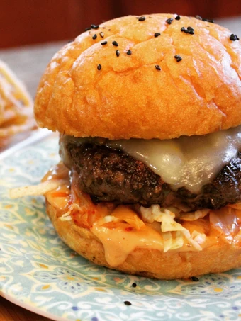 Easy Steps Prepare Recipes Blended Shiitake-Beef Burger with Spicy Thousand Island and Kimchi Slaw (and Frizzled Onions) the Perfect Make You Drink.