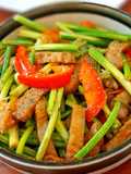 Stir-Fried Garlic Scapes, Bell Pepper, and Fish Cake