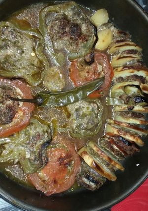 A picture of Kofta with Vegetables 🍆🍅🍠.