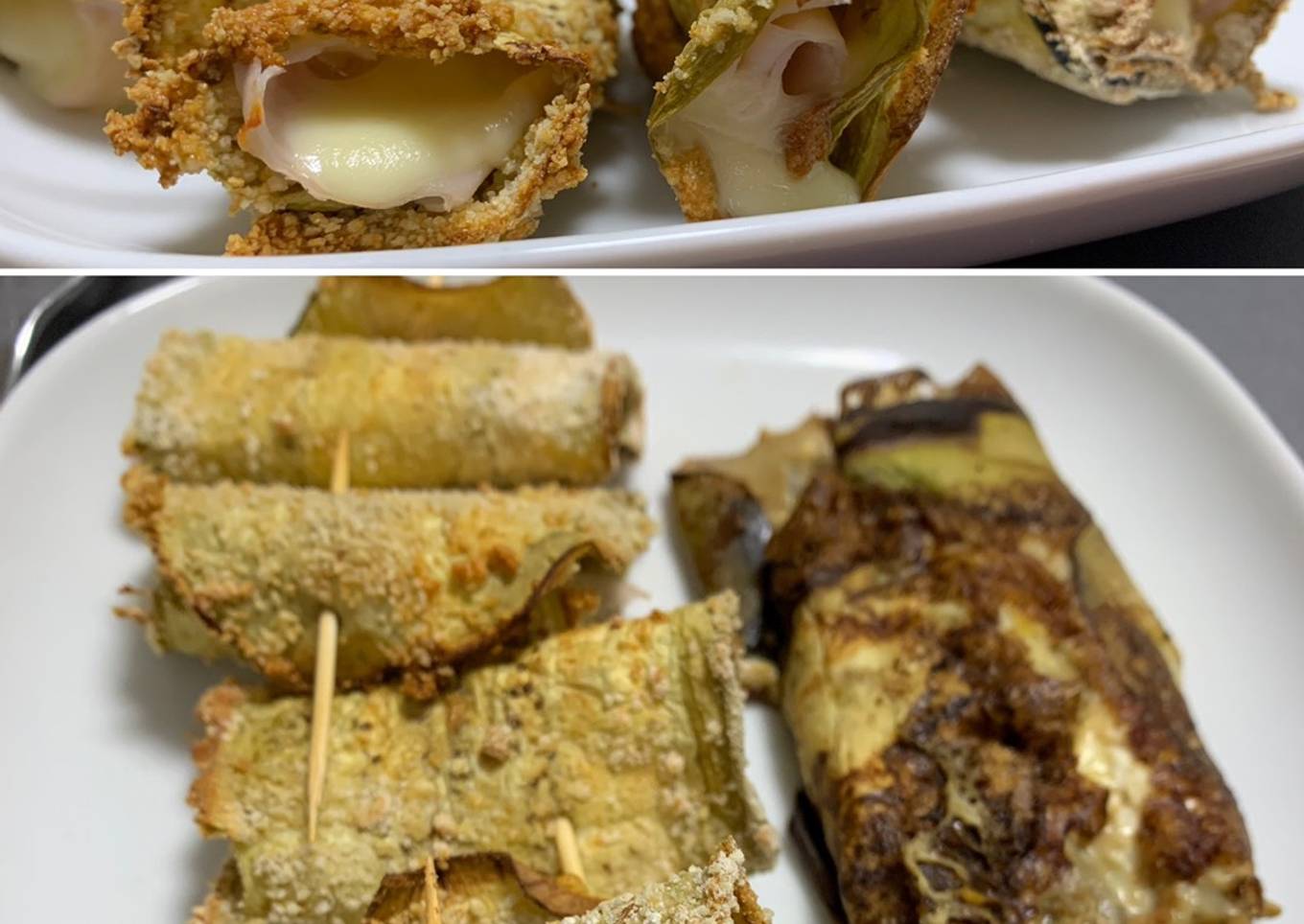 Crujientes de berenjena al horno rellenas de jamón y queso