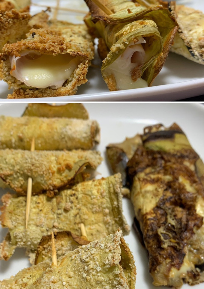Una foto de Crujientes de berenjena al horno rellenas de jamón y queso