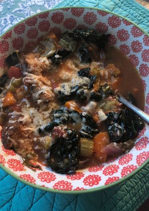 A picture of Best ever Ribollita: white bean, tomato and cavolo nero soup - vegetarian.