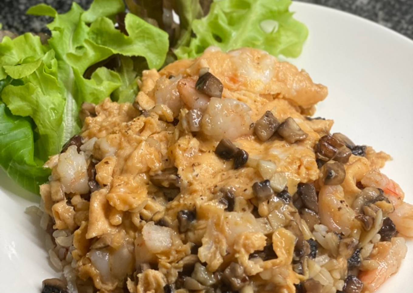 Scrambled egg with shrimp on rice
