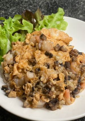A picture of Scrambled egg with shrimp on rice.