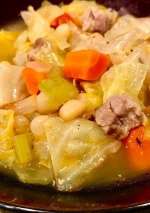 A picture of Simple Cabbage & Bean Soup with Pork.