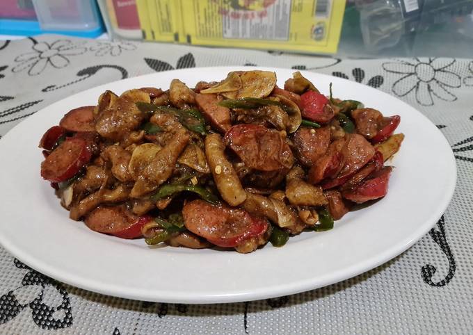 Panduan Masakan Resep Kulit Ayam ft Sosis Cah Lada Hitam