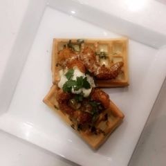 Savoury Waffle with Coconut crumbed prawns A picture of Savoury Waffle with Coconut crumbed prawns.