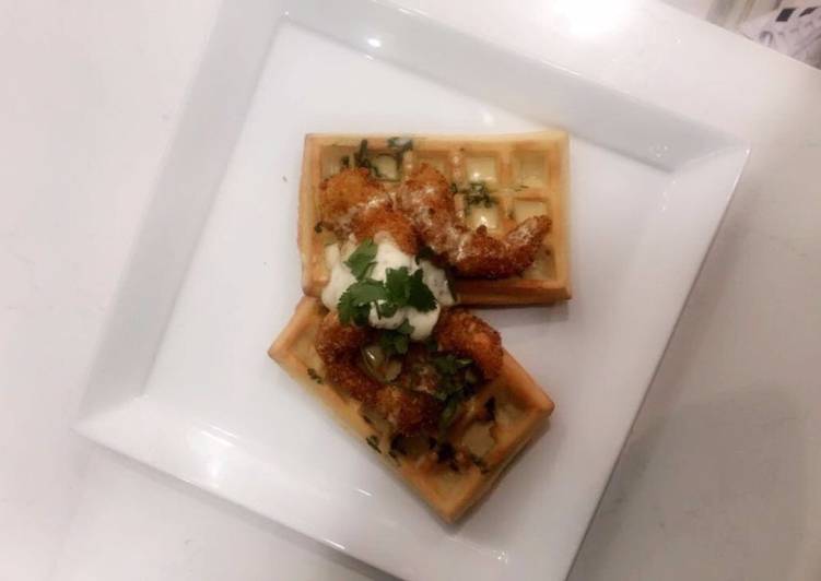 How to Make Recipe of Savoury Waffle with Coconut crumbed prawns