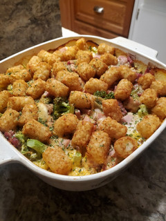 A picture of Brad's ham, cheese, and broccoli tater tot casserole.
