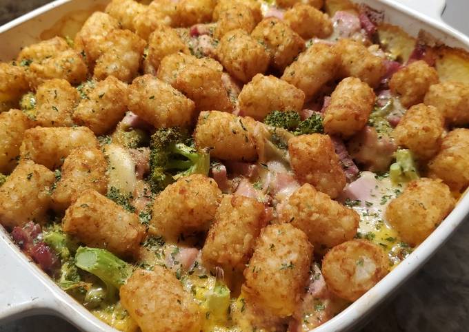 Brad's ham, cheese, and broccoli tater tot casserole