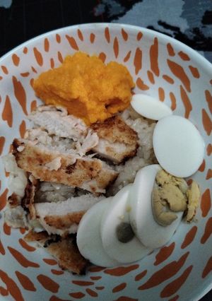 Una foto de Arroz con pollo, huevo y veganesa