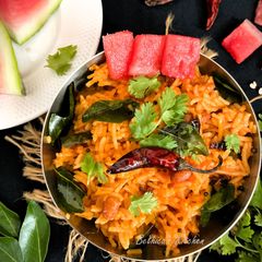 A picture of Watermelon Rice / Pulihora - Fusion style.
