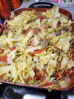 A picture of Stewed Tomatoes, Cabbage & Ground Beef.