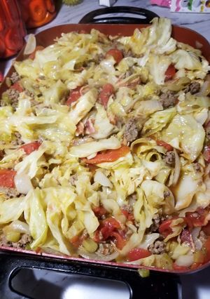 A picture of Stewed Tomatoes, Cabbage & Ground Beef.