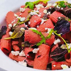 A picture of Beetroot Hummus Rigatoni with Feta.