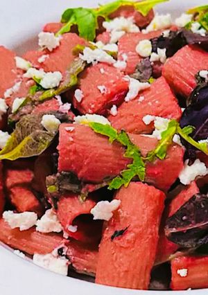 A picture of Beetroot Hummus Rigatoni with Feta.