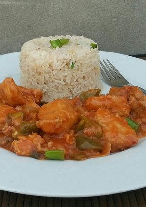 A picture of Chicken manchurian with garlic ginger rice🍚🐔.