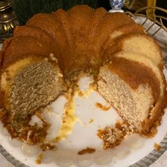 A picture of Eggnog pound cake with eggnog glaze.