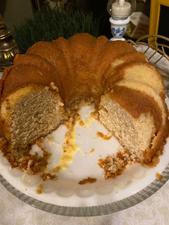 A picture of Eggnog pound cake with eggnog glaze.