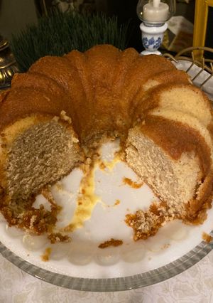 A picture of Eggnog pound cake with eggnog glaze.