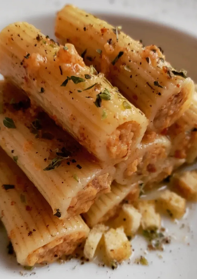 Una foto de Rigatoni rellenos de butifarra de huevo