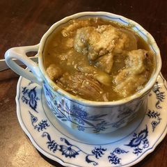 A picture of California Farm Parmesan Pea Soup.