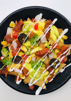 A picture of Non-fried loaded nachos.
