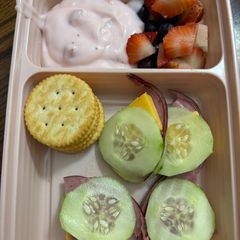 A picture of Bento box Roast Beef And Cheese Cucumber Sandwiches.