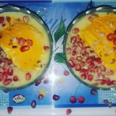 A picture of Fruit Custard with Mango Ice cream.