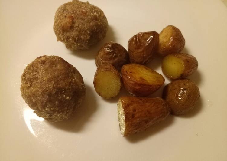 Speck and Parmesan meatballs with butter roasted potatoes