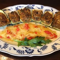 A picture of California Farm Ground Beef Bolognese Stuffed Zucchini.