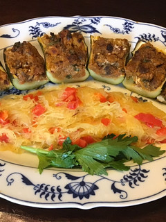 A picture of California Farm Ground Beef Bolognese Stuffed Zucchini.