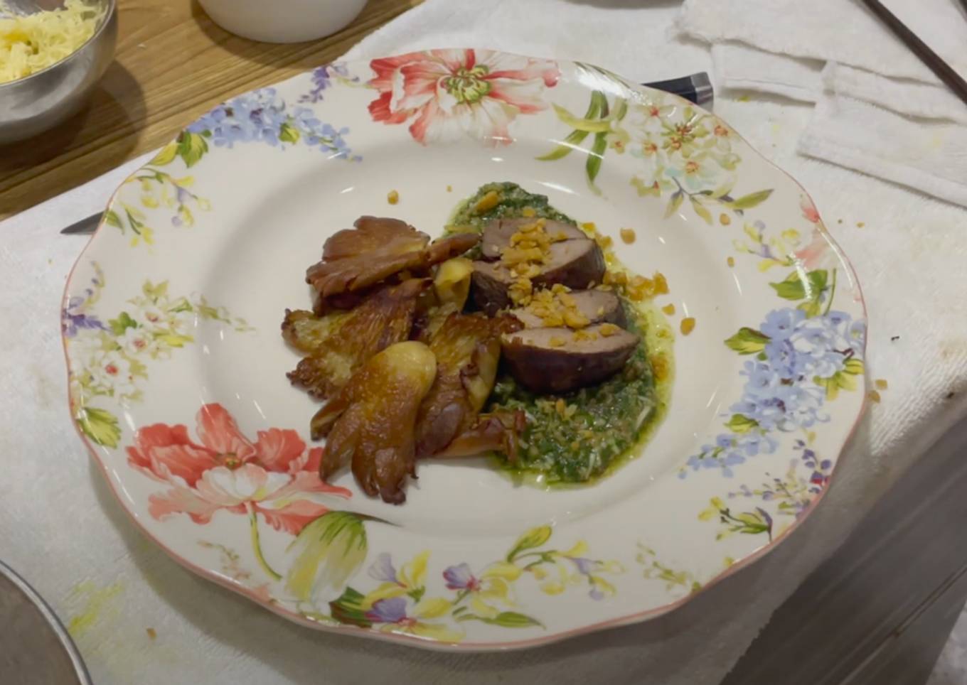 Wild boar steak with seared oyster mushroom and peanut pesto