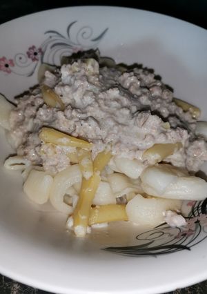 Zöldbabos-mustáros-húsos tészta recept fotója