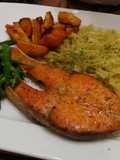 Dried Scallop Pasta With Baked Salmon Steak And Baked Sweet Potato In Coconut Oil