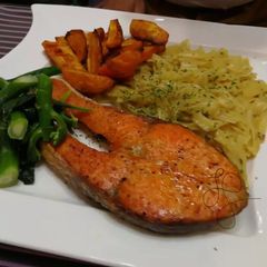 A picture of Dried Scallop Pasta With Baked Salmon Steak And Baked Sweet Potato In Coconut Oil.