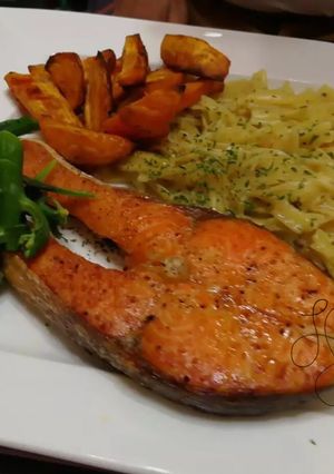 A picture of Dried Scallop Pasta With Baked Salmon Steak And Baked Sweet Potato In Coconut Oil.