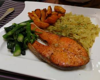 Latest Recipe Dried Scallop Pasta With Baked Salmon Steak And Baked Sweet Potato In Coconut Oil Delicious Perfect