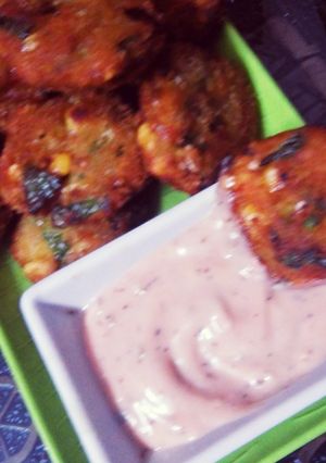 A picture of Crispy creamy corn cutlet with (chilli cheesey Mayo dip).