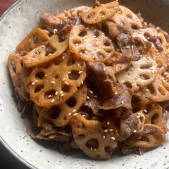 A picture of ‘Kimpira’ Lotus Root & Beef.