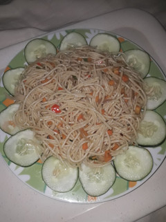 A picture of Jollof veggie spaghetti.
