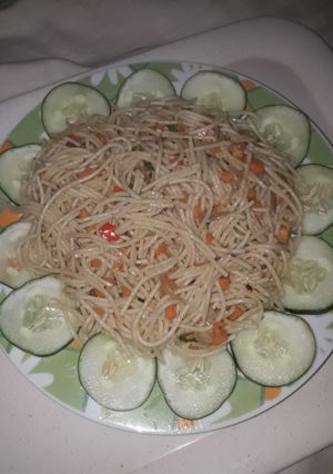 A picture of Jollof veggie spaghetti.