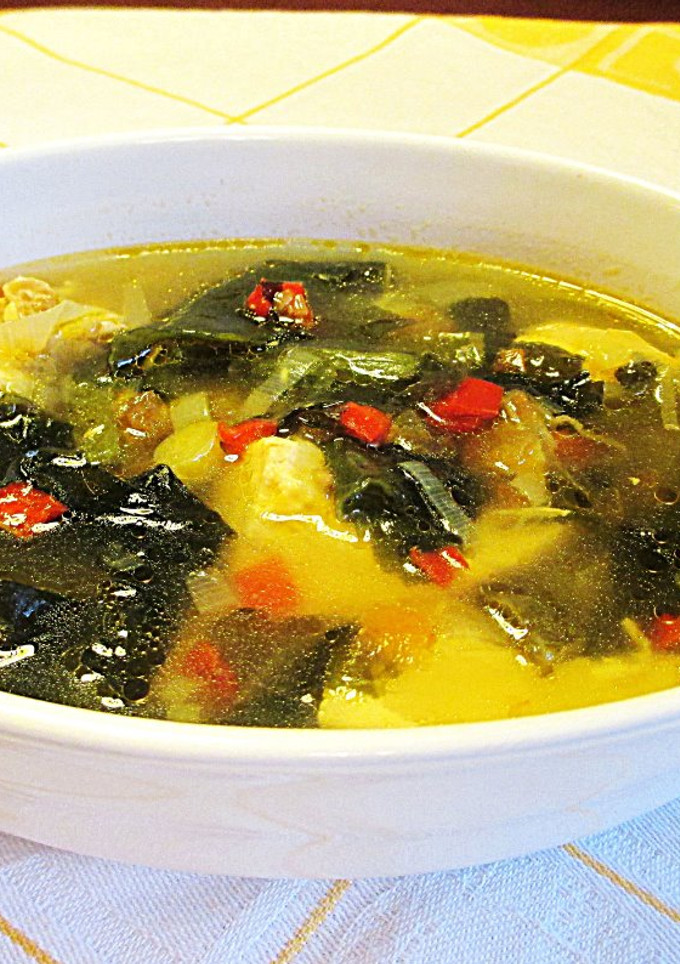 Una foto de Sopa de carne de pollo con puerro y alga wakame sin sofrito