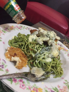 Foto resep Spageti pesto with udang cream saus spinacy and mushroom