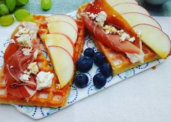 Easiest Way to Recipe Appetizing Breakfast waffles topped with prosciutto apples feta cheese  maple syrup