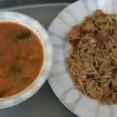 A picture of Japanese beef sausage fine egg noodles mushroom.